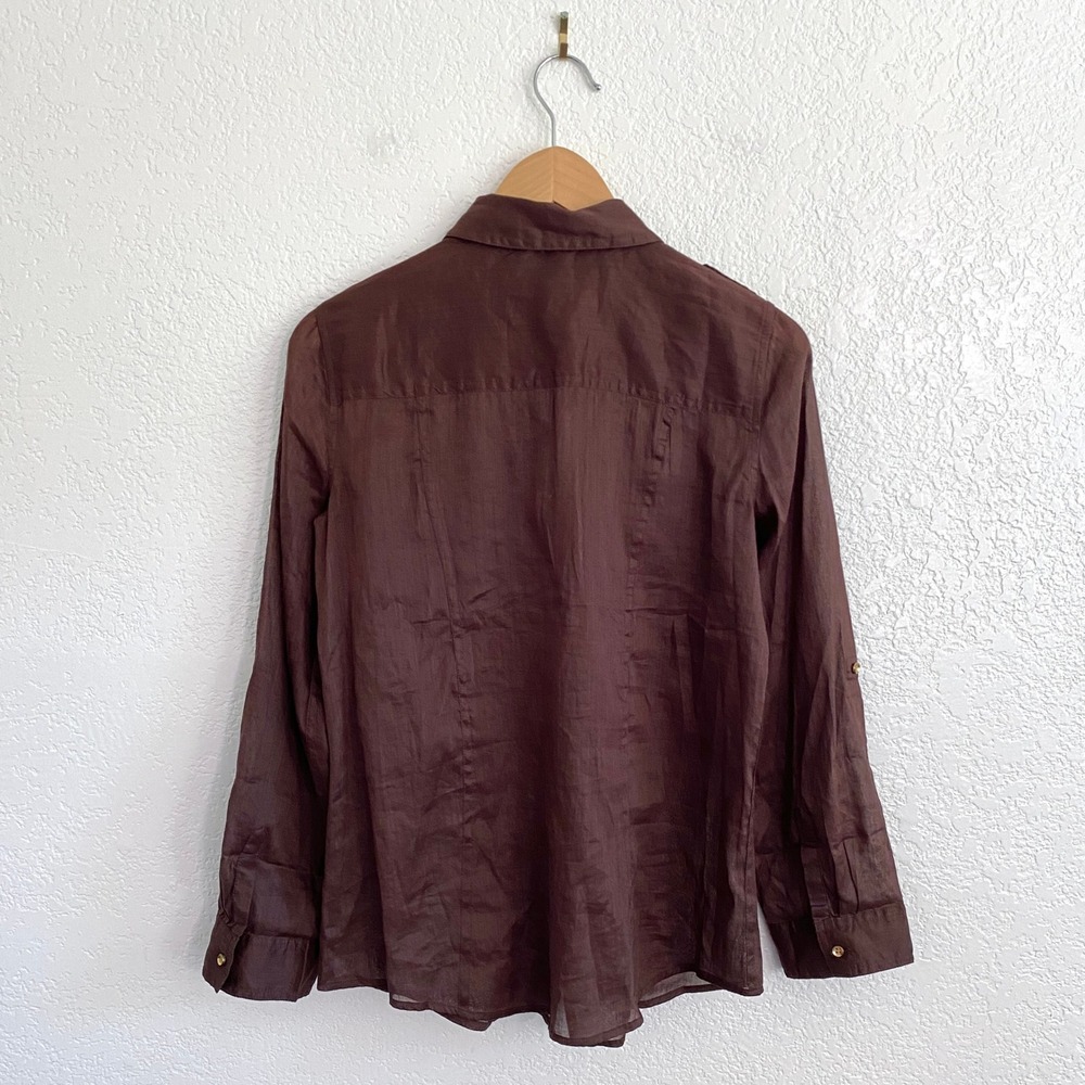 Chico's Brown Ramie Cotton Button Down Roll Tab Long Sleeve Shirt Semi-Sheer - Picture 3 of 7